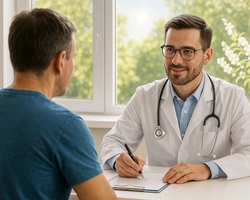 Доктор выписывает справку пациенту