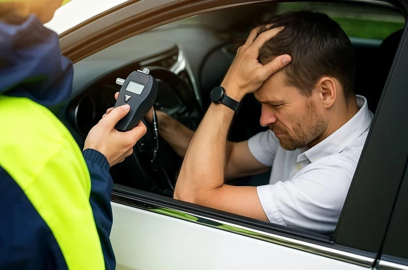 Сотрудник полиции держит алкотестер, водитель в автомобиле в белой рубашке держит себя за голову
