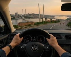 за рулём каршерингового автомобиля двигаемся по Владивостоку