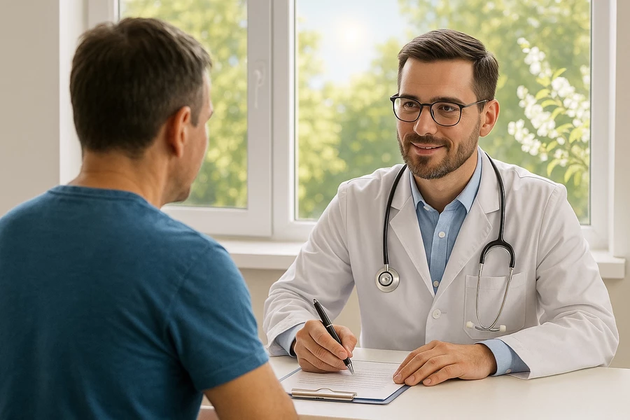 Доктор выписывает справку пациенту