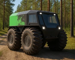 Вездеход Шерп стоит в лесу,  у вездехода шерп горят фары