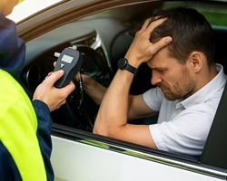 Сотрудник полиции держит алкотестер, водитель в автомобиле в белой рубашке держит себя за голову