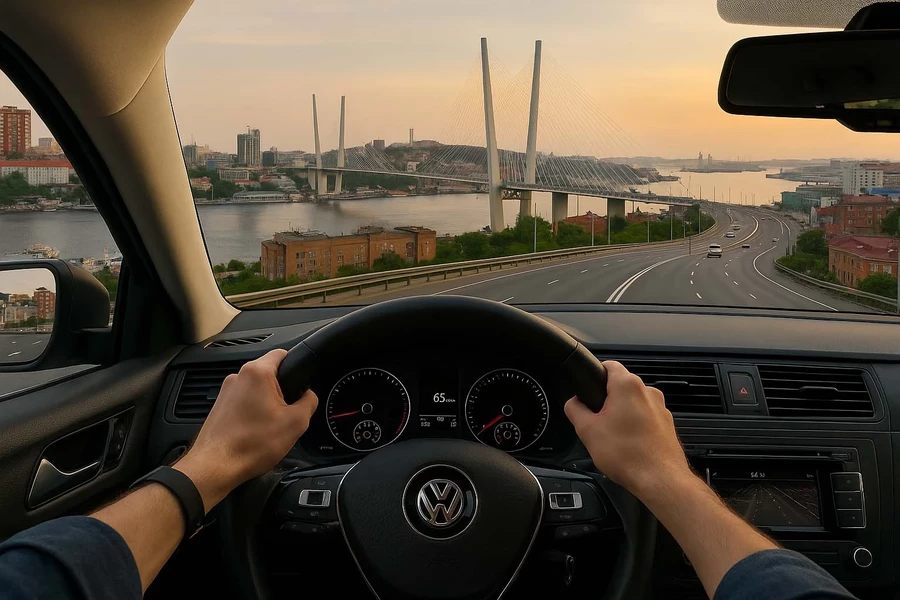 за рулём каршерингового автомобиля двигаемся по Владивостоку