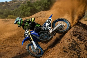 Мотоциклист на соревнованиях едет по земле на кроссовом мотоцикле