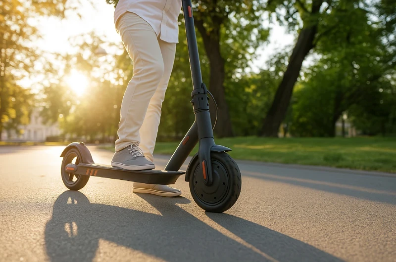 молодой парень едет на чёрном электросамокете в парке