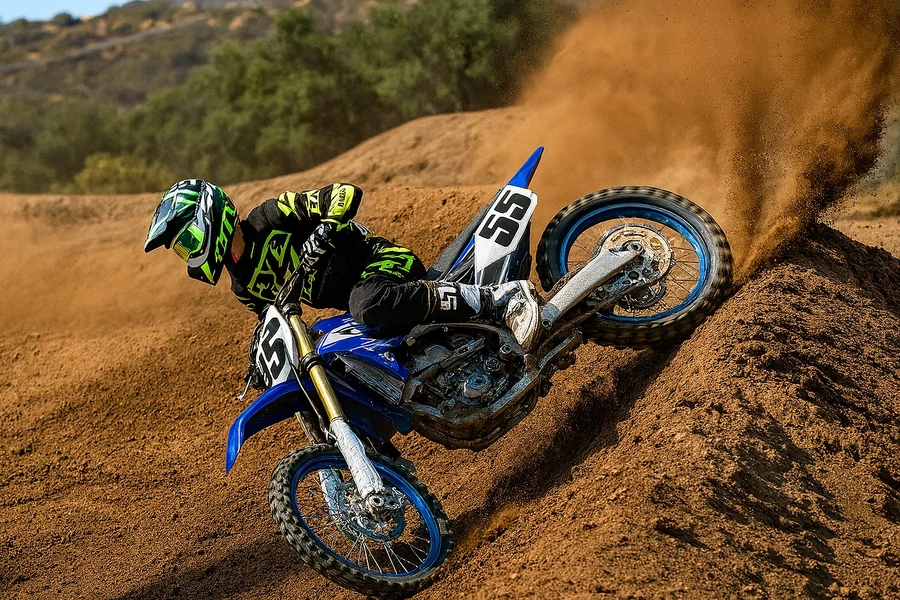 Мотоциклист на соревнованиях едет по земле на кроссовом мотоцикле