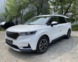 киа карнивал 4 белого цвета на фоне деревьев