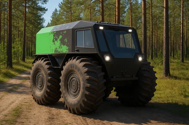 Вездеход Шерп стоит в лесу,  у вездехода шерп горят фары