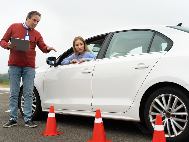 мужчина в красном свитере стоит на улице девушка в белом авто паркуется возле дорожных конусов