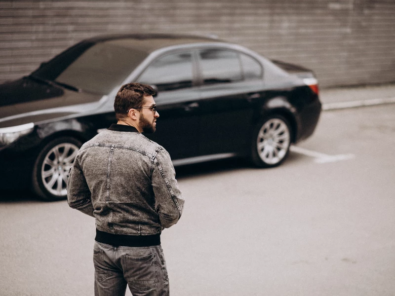 мужчина в куртке стоит возле черной машины
