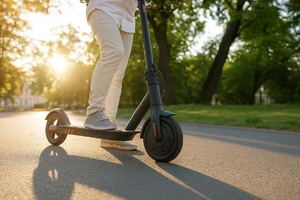 молодой парень едет на чёрном электросамокете в парке
