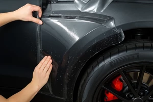 Руки мастера клеят защитную пленку на автомобиль
