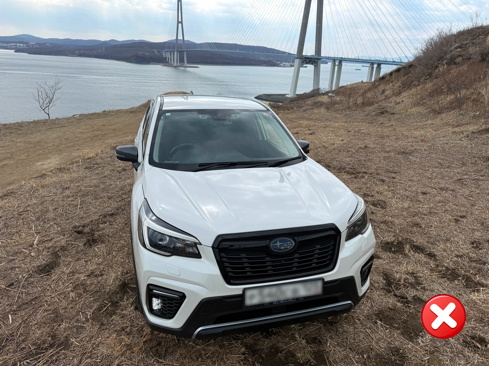Subaru Forester 2021 SK5 капот фары на фоне моста на остров Русский