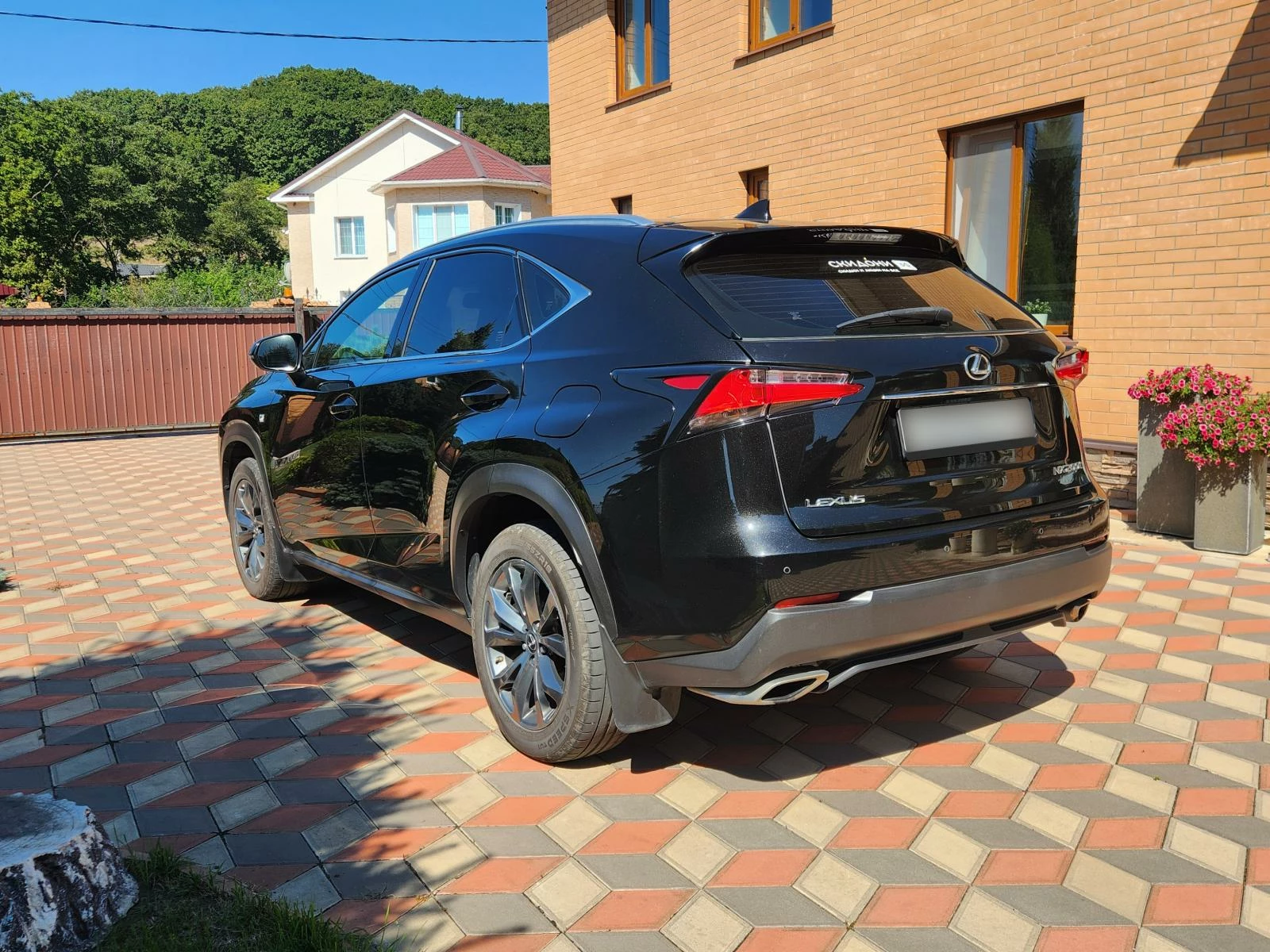 Lexus NX200T Z10 задняя часть авто на фоне котеджа садовые растения